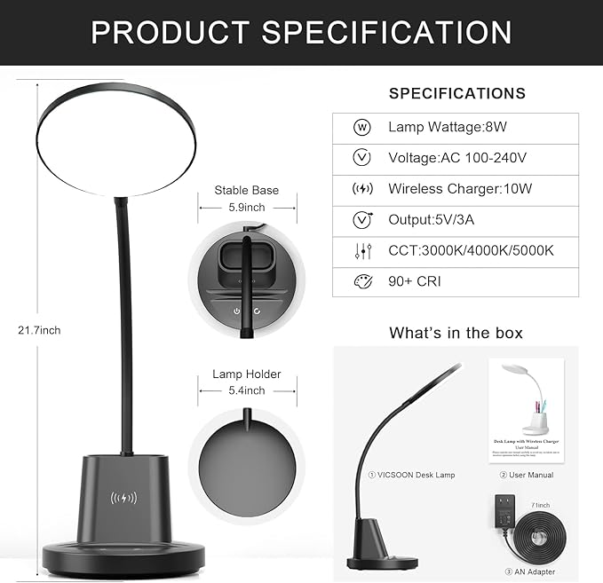 Desk Lamp with Wireless Charger, LED Desk Lamp for Home Office with Pen Holder, Dimmable Eye-Caring Study Desk Light Flexible Arm 3 Color Modes for College Dorm, 800 Lumens CRI 90 - LeafyLoom