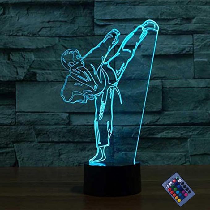 Creative 3D Taekwondo Night Light 16 Colors Changing USB Power Remote Control Touch Switch Decor Lamp Optical Illusion Lamp LED Table Desk Lamp Children Kids Christmas Brithday Gift - LeafyLoom