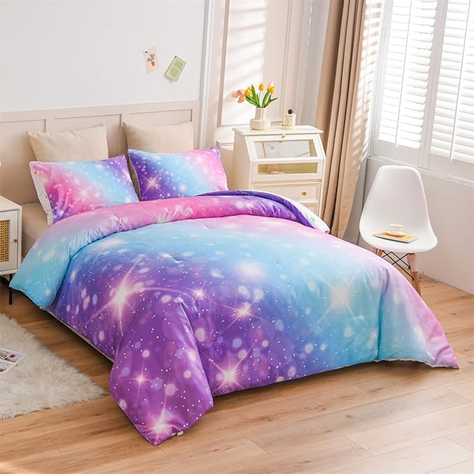 Holawakaka Girls Space Star Rainbow Glitter Comforter Set Ombre Galaxy Print Gradient Reversible Bedding Set Full Size Kids Bed Sets (Pink Lavender, Full) - LeafyLoom