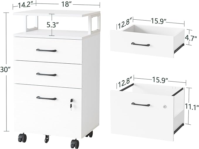 FEZIBO File Cabinet with Lock for Home Office, 3-Drawer Rolling Filing Cabinet, Home Office File Cabinet for A4/Letter/Legal Size, Printer Stand, Wooden Storage Cabinet, White - LeafyLoom