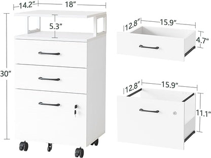 FEZIBO File Cabinet with Lock for Home Office, 3-Drawer Rolling Filing Cabinet, Home Office File Cabinet for A4/Letter/Legal Size, Printer Stand, Wooden Storage Cabinet, White - LeafyLoom