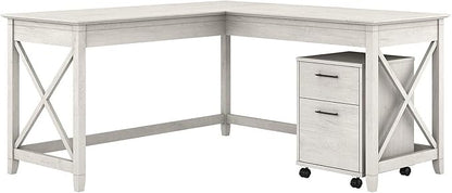 Bush Furniture Key West 60W L Shaped Desk with 2 Drawer Mobile File Cabinet in Linen White Oak - LeafyLoom