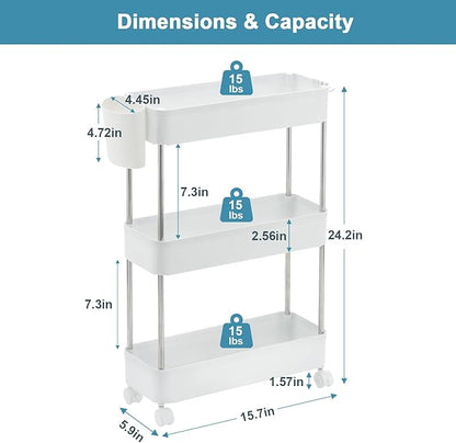 VECELO Storage Cart 3-Tier Utility Rolling Cart,Mobile Shelving Slim Unit Organizers with 360°Wheels Hooks&Hanging Cups for Kitchen Bedroom Bathroom Office Sofa Side in Narrow Places, White - LeafyLoom