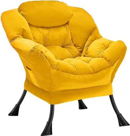 Fabric Lazy Chair Large Accent Chair,Velvet Frabic Modern Lounge Reading Chair with Armrests & Side Pocket,Upholstered Armchair for Living Room,Bedroom,Dorm,Yellow - LeafyLoom