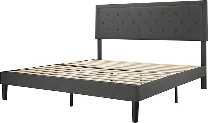 Allewie King Size Platform Bed Frame/Fabric Upholstered Bed Frame with Diamond Button Tufted Headboard/Adjustable Headboard/Wood Slat Support/Mattress Foundation/Dark Grey (King) - LeafyLoom