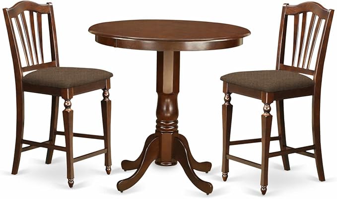 East West Furniture JACH3-MAH-C 3 Piece Counter Height Dining Set Contains a Round Dining Room Table with Pedestal and 2 Linen Fabric Upholstered Chairs, 36x36 Inch, Mahogany - LeafyLoom