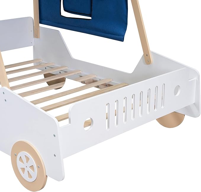 Full Size Kids Car Bed with Tent Canopy & Wheels,Wood Bedframe W/Safty Grille,Raised Base Design,Easy Assembly,Toddler Boys Car-Shaped Bedroom Beds for Reading Playing Relaxing,White+Natural - LeafyLoom