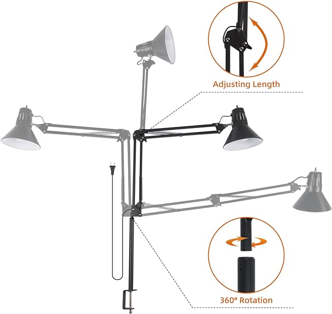 Desk Lamp for Home Office Eye-Caring Metal Extra Long Swing Arm Stable Clamp Flexible Gooseneck A19 E26 Bulb included as Table Working Reading Aesthetic Computer Versatile Light - LeafyLoom