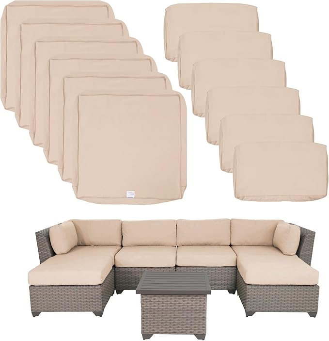 ClawsCover 12 Pack Outdoor Patio Seat and Back Cushions Replacement Covers Fit for 7Pieces 6-Seater Wicker Rattan Furniture Conversation Set Sectional Couch Chair,Light Khaki-Include Cover Only - LeafyLoom