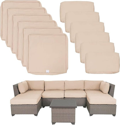 ClawsCover 12 Pack Outdoor Patio Seat and Back Cushions Replacement Covers Fit for 7Pieces 6-Seater Wicker Rattan Furniture Conversation Set Sectional Couch Chair,Light Khaki-Include Cover Only - LeafyLoom