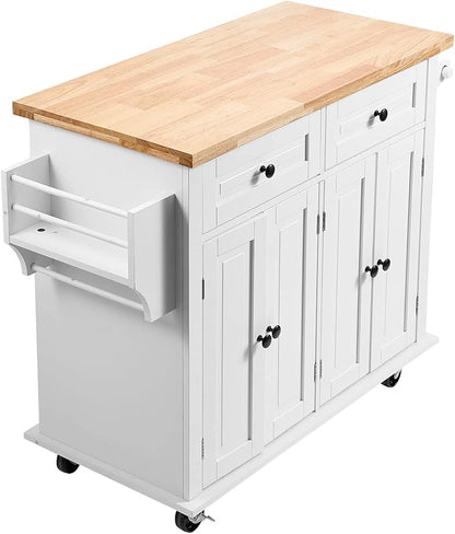 VEVOR Kitchen Island Cart with Solid Wood Top, 35.4" Width Mobile Carts with Storage Cabinet, Rolling Kitchen Table with Spice Rack, Towel Rack, and Drawer, Portable Islands on Wheels, White - LeafyLoom