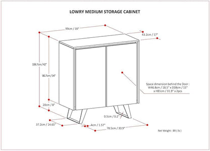 SIMPLIHOME Lowry SOLID WOOD and Metal 39 Inch Wide Modern Industrial Medium Storage Cabinet in OAK WOOD, For the Living Room, Entryway and Family Room - LeafyLoom