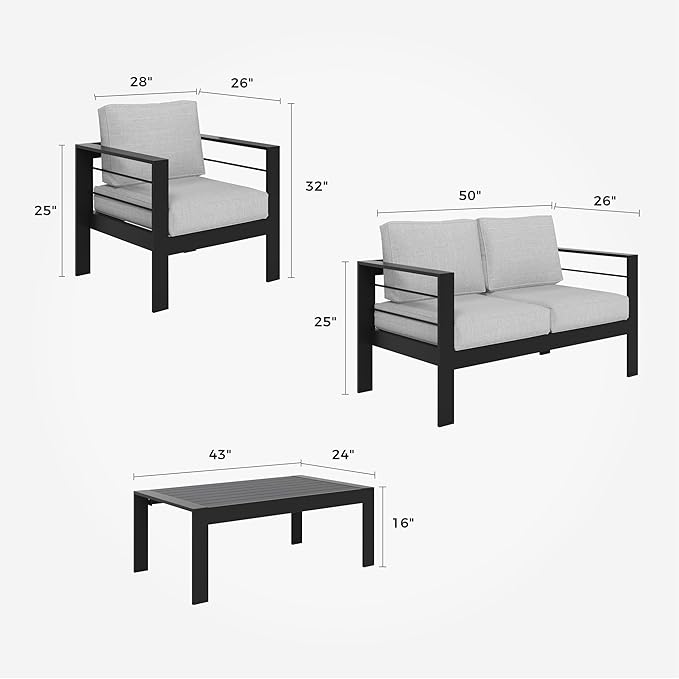 Solaste Outdoor Aluminum Furniture Set - 4 Pieces Patio Sectional Chat Sofa Conversation Set with Table,Black Frame and Grey Cushion - LeafyLoom