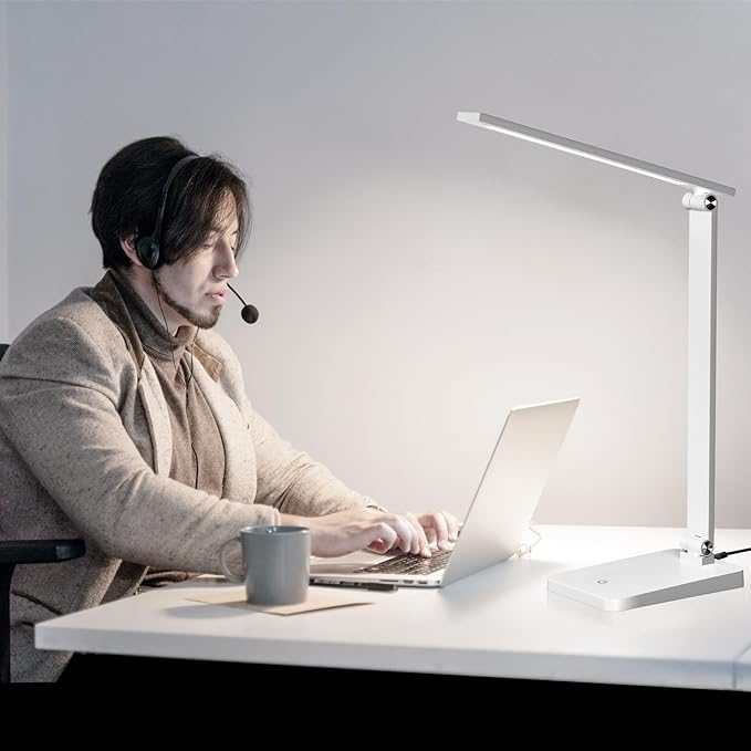 LED Desk Lamp for Home Office, 3 Levels Dimmable Desk Light with USB Charging Port, Small Study Lamp, Reading Light for Table, White, 5000K - LeafyLoom