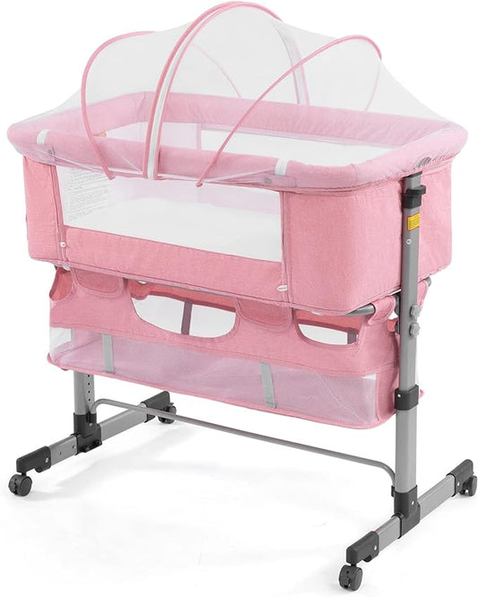 3 in 1 Travel Baby Crib,Baby Bed with Breathable Net,Adjustable Portable Bed for Infant/Baby with Detachable Mosquito net and Mattress,Pink - LeafyLoom