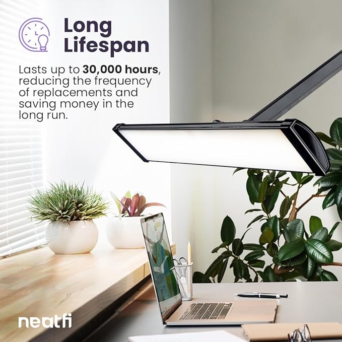 Neatfi Ultra 3,500 Lumen LED Desk Lamp, 45W, 26-Inch Wide Metal Shade, 270 SMD LEDs (Non-CCT with Clamp, Black) - LeafyLoom