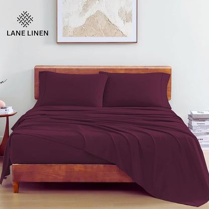 LANE LINEN 100% Organic Cotton Full Sheets Set 4-Piece Pure Percale Long Staple Soft Bedding Breathable Fits Mattress Upto 15" Deep - Windsor Wine - LeafyLoom