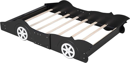 Car Shaped Toddler Bed with Wheels,Racecar Platform Beds W/Safety Guardrail,Slats Support,Stylish Design,Easy Assembly,Wood Full Bedframe for Boys Toddlers Kids Teens Bedroom,Black - LeafyLoom