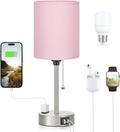 Dicoool Pink Bedroom Lamp for Bedside - 3 Color Temperatures Desk Lamp with USB C and A Ports, Pull Chain Table Lamp with AC Outlet, Nightstand Lamp with Silver Metal Base for Kids Girls - LeafyLoom