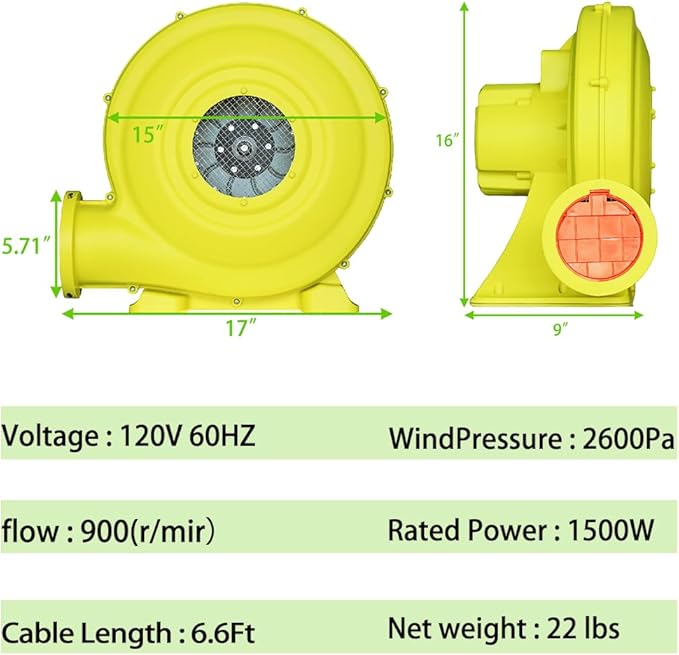 1500W (2HP) Air Blower, Commercial Inflatable Bouncer Blower, Perfect for Inflatable Bounce House, Jumper, Bouncy Castle… - LeafyLoom