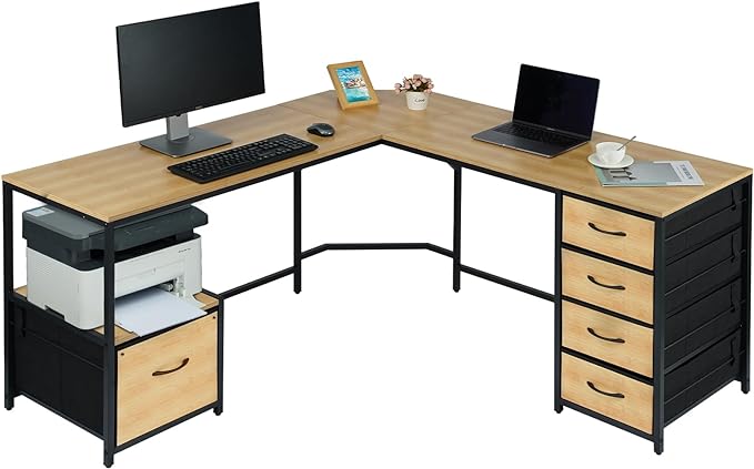 TOPSKY L-Shaped Desk Corner Computer Desk with 18.9" Depth Workstation, Cloth File Cabinet for Letter Size File Folder and 4 Cloth Storage Cabinets (Bamboo, 59 * 59 inch) - LeafyLoom