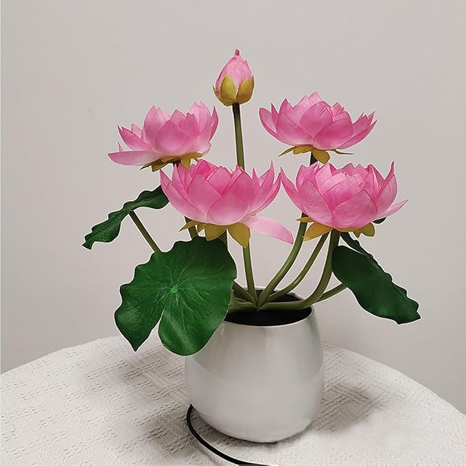 Lotus Flower Lamp Buddha Lamp for Cabinet Buddhist Altar - Artificial Lotus Flower Lamp for Home Living Room Desktop Decor (White Light) - LeafyLoom