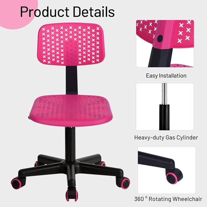 Desk Chair Armless Cute Office Chair, Low Back Rolling Home Office Task Chair Adjustable Swivel Study Chair for Girls Teens Adults Children Kids, Pink - LeafyLoom