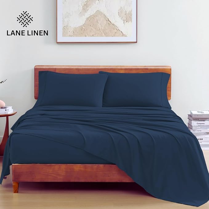 LANE LINEN 100% Organic Cotton California King Sheets Set, 4-Piece Pure Organic Cotton Long Staple Percale Weave Soft Bedding Sheets for Bed, Breathable, Fits Mattress Upto 15" Deep - Estate Blue - LeafyLoom