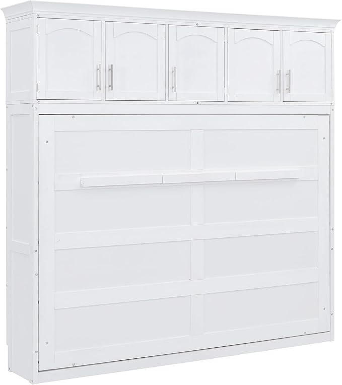 Merax Farmhouse Solid Wood Murphy Bed Chest with Top Cabinets, Storage Wall Platform Bed with Wood Slat Support/Space Saving Queen,White - LeafyLoom