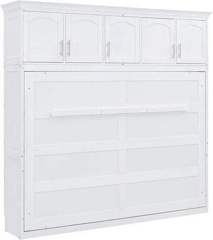 Merax Farmhouse Solid Wood Murphy Bed Chest with Top Cabinets, Storage Wall Platform Bed with Wood Slat Support/Space Saving Queen,White - LeafyLoom