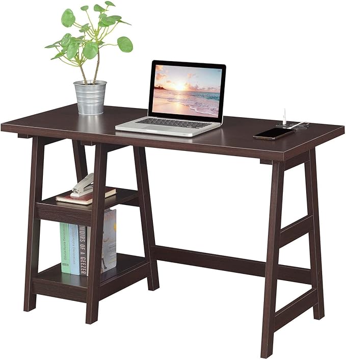 Convenience Concepts Designs2Go Trestle Desk with Charging Station and Shelves, Espresso - LeafyLoom