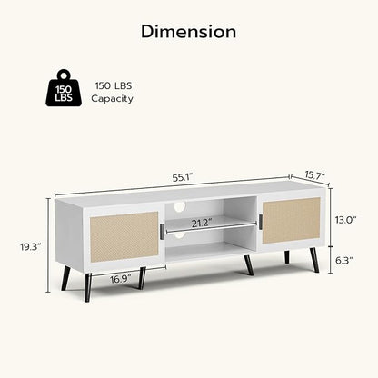 TV Stand for TVs up to 65'', Mid Century Modern Entertainment Center with Rattan Door, Shelves & 2 Cabinets, Boho Media TV Console for Living Room, Bedroom, White - LeafyLoom