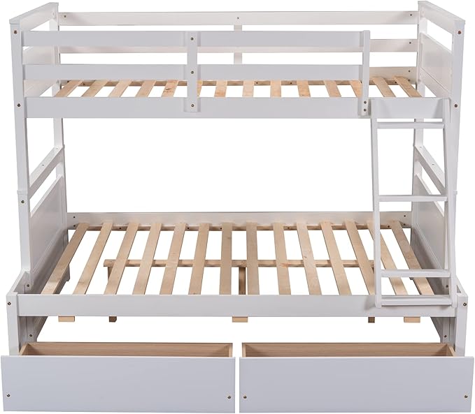 Bunk Bed Frame, Twin Over Full Bunk Bed with Safety Guardrail, Staircase and 2 Underbed Storage Drawers, Ideal Bed Frame for Kids Teens Girls Boys, Space Saving Bedroom Furniture, White - LeafyLoom