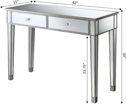 Convenience Concepts Gold Coast Mirrored Desk 42" - Console Table with 2 Drawers for Storage in Living Room, Office, Antique Silver/Mirror - LeafyLoom