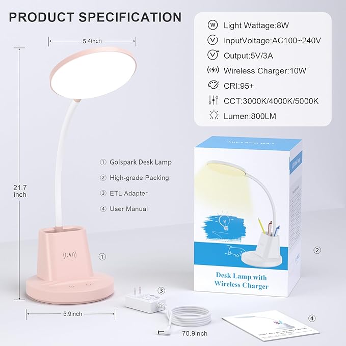 comzler LED Desk Lamp with Wireless Charger Pen Phone Holder, Blue Desk Lamp for Home Office, Dimmable Desk Light 3 Color Modes, College Dorm Study Lamp for College Dorm, CRI 90 800 Lumen - LeafyLoom