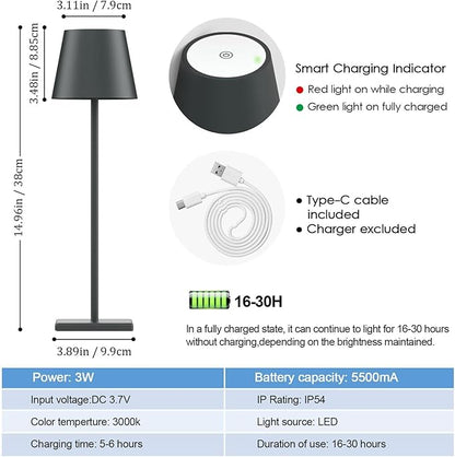 2 Packs LED CordlessTable Lamp, Rechargeable Battery Desk lamp 5500mAh Battery Operated Stepless Dimming Modern Portable Table Light for Restaurant/Table/Bedroom/Outdoor IP54 Waterproof (Anthracite) - LeafyLoom