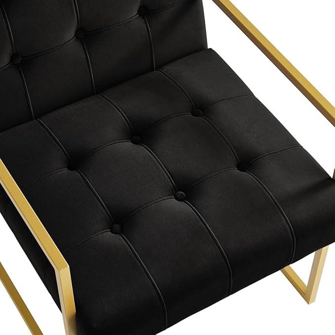 24KF Modern Black Velvet Button Tufted Accent Chair with Golden Metal Stand, Decorative Furniture Chairs for Living Room Bedroom - Black - LeafyLoom