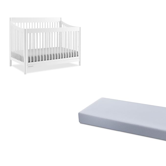 Delta Children Brooks 6-in-1 Convertible Crib, Bianca White + Simmons Kids Quiet Nights Breathable Crib Mattress with Removable/Machine Washable Cover (Bundle) - LeafyLoom