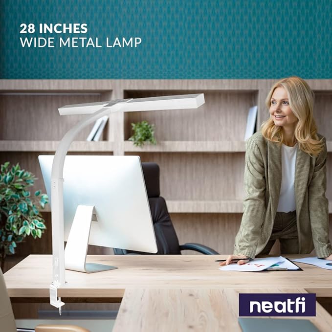 Neatfi (New Model) Flex Desk Lamp with Clamp, Dimmable, 3,000 Lumens 30W LED Monitor Light, 3000K-6500K Correlated Color Temperature, 5 Brightness Levels & 5 Light Modes (28 Inches, White) - LeafyLoom