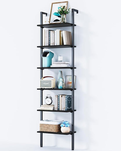 ODK 6-Tier Ladder Shelf, 87 Inches Wall Mounted Ladder Bookshelf with Metal Frame, Open Industrial Shelves for Home Office, Bedroom and Living Room, Black - LeafyLoom