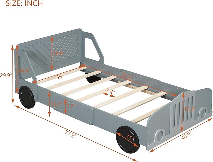 Twin Size Car-Shaped Bed Frame for Kids,Wooden Platform Bed with Wheels and Side Rails for for Boys Girls,Wood Slat Supports,No Box Spring Needed,Gray - LeafyLoom