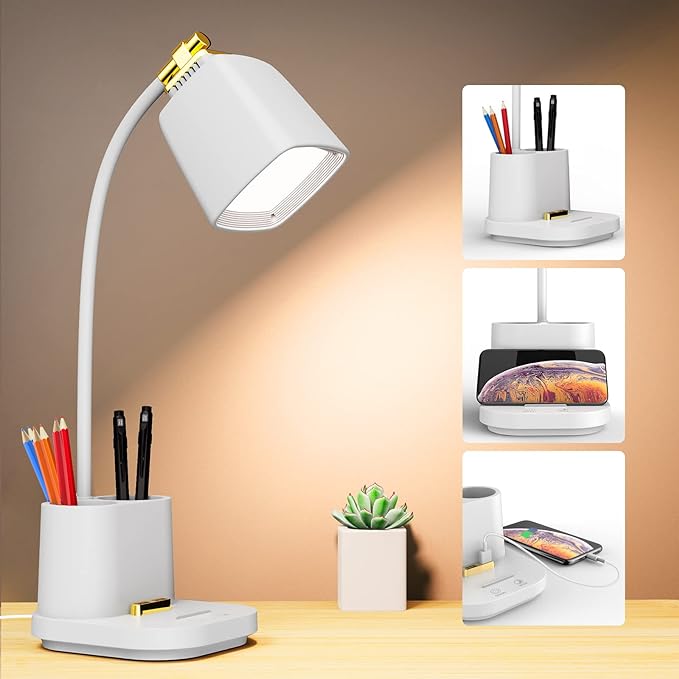 LED Desk Lamp with USB Charging Port Touch control 3 Color Modes, Stepless Dimming, Home office Desk Lamp, LED Small Desk Lamp in University Dormitory, Study Desk Lamp, Gooseneck Lamp - LeafyLoom