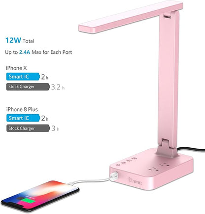 Drevet LED Desk Lamp, Desk Light with 1 USB Charging Port and 2 AC Power Outlet, 3 Lighting Modes, 3 Level Brightness,1H Timer, Touch Control, Eye-Caring Home Office Foldable Table Lamp (Pink) - LeafyLoom