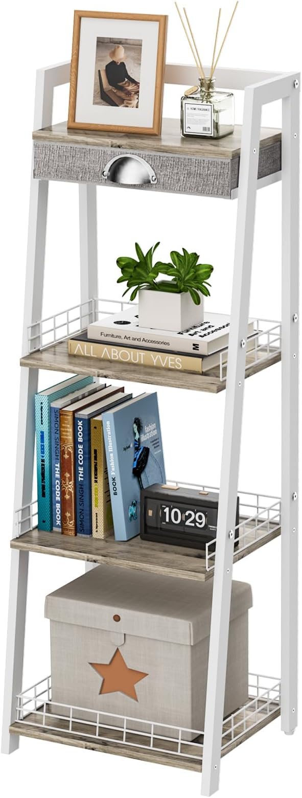 keomaisyto 4-Tier Elegant Ladder Shelf, Bathroom Storage Shelf, Ladder Bookshelf with Drawer, Freestanding Storage Shelves for Bathroom Living Room Study Office, White - LeafyLoom