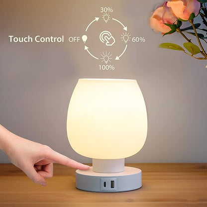 Touch Bedside Table Lamp - Small Lamp for Bedroom with USB C+A Charging Ports 3 Way Dimmable, Nightstand Desk lamp with White Opal Glass Lamp Shade Warm LED Bulb Included, Simple Design Gifts - LeafyLoom