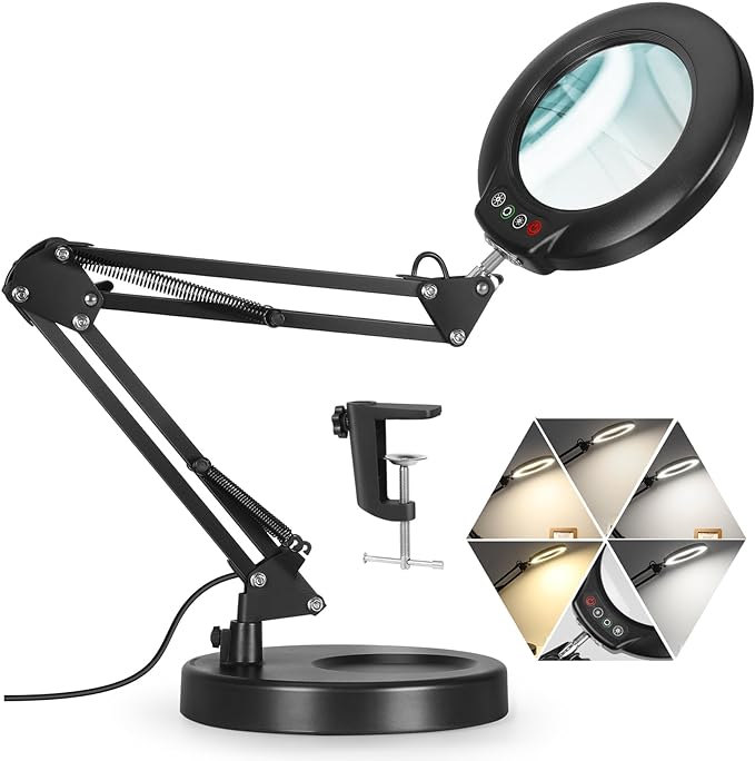 Veemagni 10X Magnifying Glass with Light, 5 Color Modes Stepless Dimmable 2-in-1 Desk Lamp and Clamp, LED Lighted Magnifier with Light and Stand, Hands Free for Craft Repair Hobby Painting Close Work - LeafyLoom