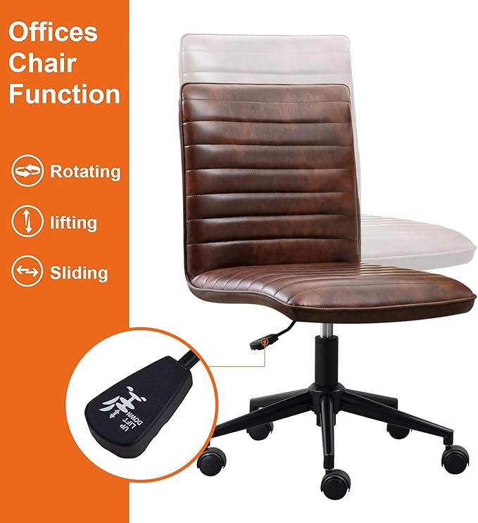 Furniliving Leather Home Office Chair, Armless Vanity Desk Task Chair with Wheels 360° Swivel Computer Rolling Desk Chair with Back, Adjustable Accent Chair with Base Stool - LeafyLoom