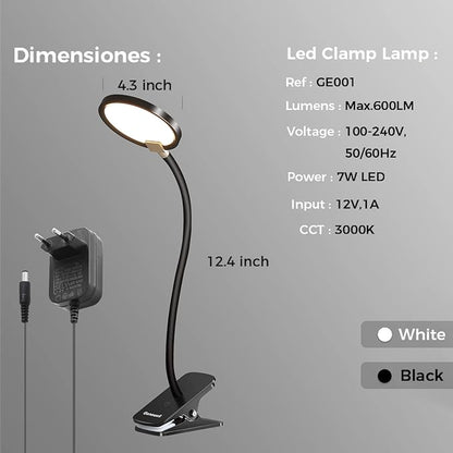 7W Flexible Gooseneck LED Desk lamp Touch 3 Steps Dimmable LED Clip on Light Reading lamp Warm White 3000K 3 Brightness Book Lights Eye Caring Clamp lamp - LeafyLoom