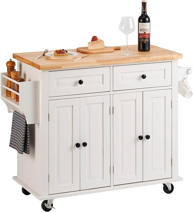 VEVOR Kitchen Island Cart with Solid Wood Top, 35.4" Width Mobile Carts with Storage Cabinet, Rolling Kitchen Table with Spice Rack, Towel Rack, and Drawer, Portable Islands on Wheels, White - LeafyLoom