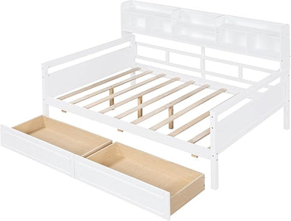 Merax Full Wood Daybed with Bedside Shelves and Two Drawers Sofa Bed Frame for kids Boys Girls/No Box Spring Needed White - LeafyLoom